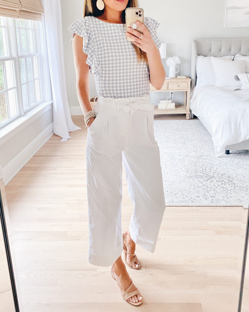 ann taylor blue gingham ruffle sleeve top with white wide leg pants - summer casual outfits on pinteresting plans blog