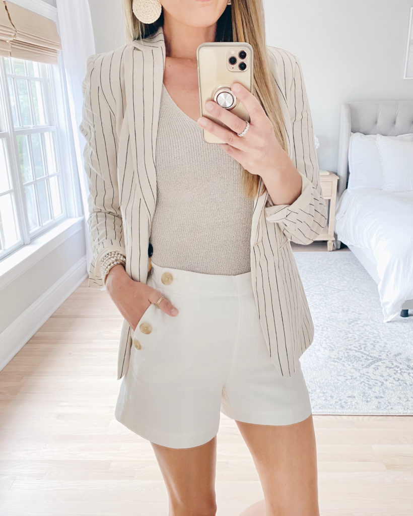 neutral summer casual blazer outfit with pinstripe blazer beige tank top and white sailor shorts
