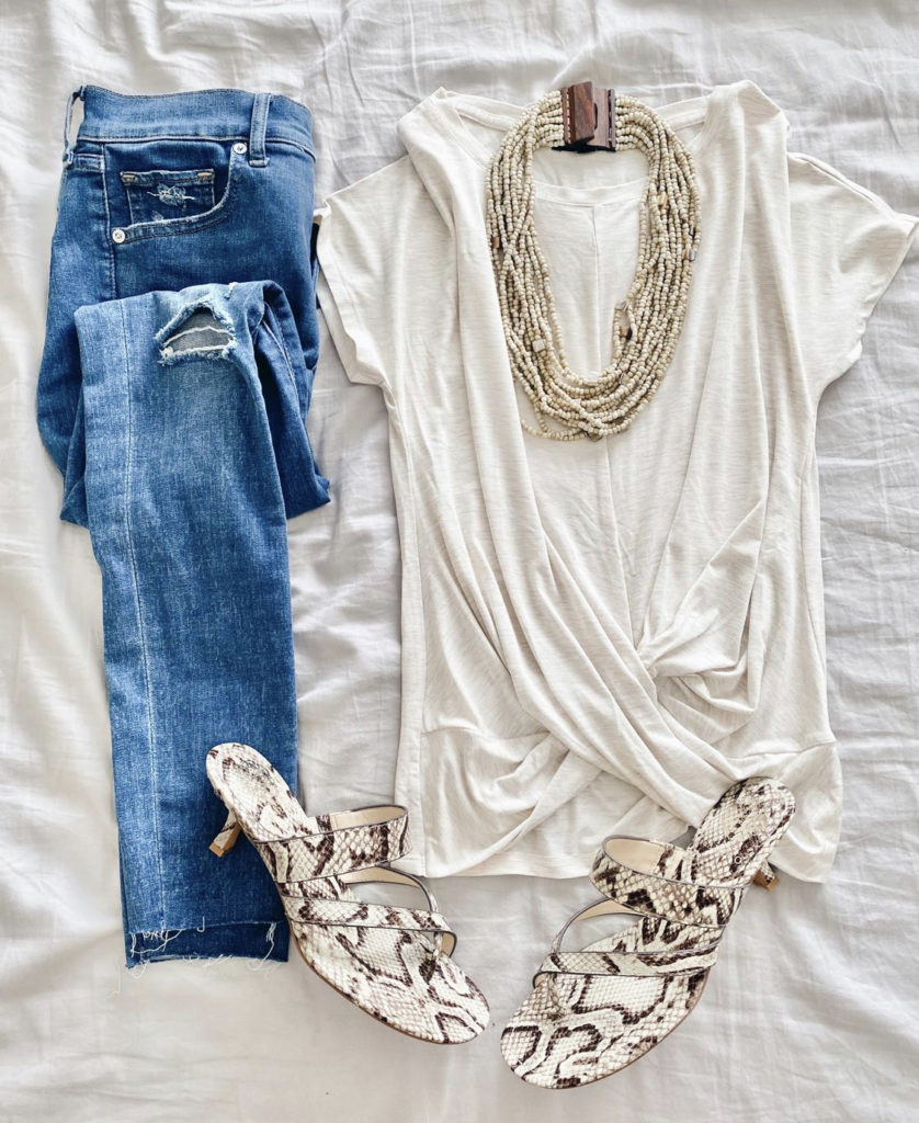 express oatmeal twist front crew neck tee and mid rise raw hem skinny jeans and vince camuto kitten heels flat lay outfit