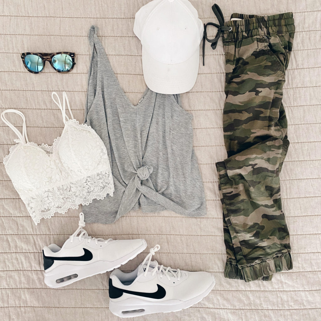 free people tie front swing tank with levis camo joggers summer flat lay outfit on pinteresting plans blog