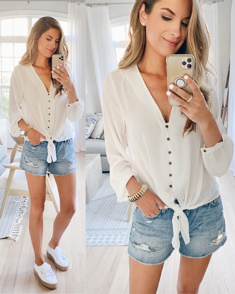 white tie front shirt with distressed shorts and white superga platform espadrille sneakers