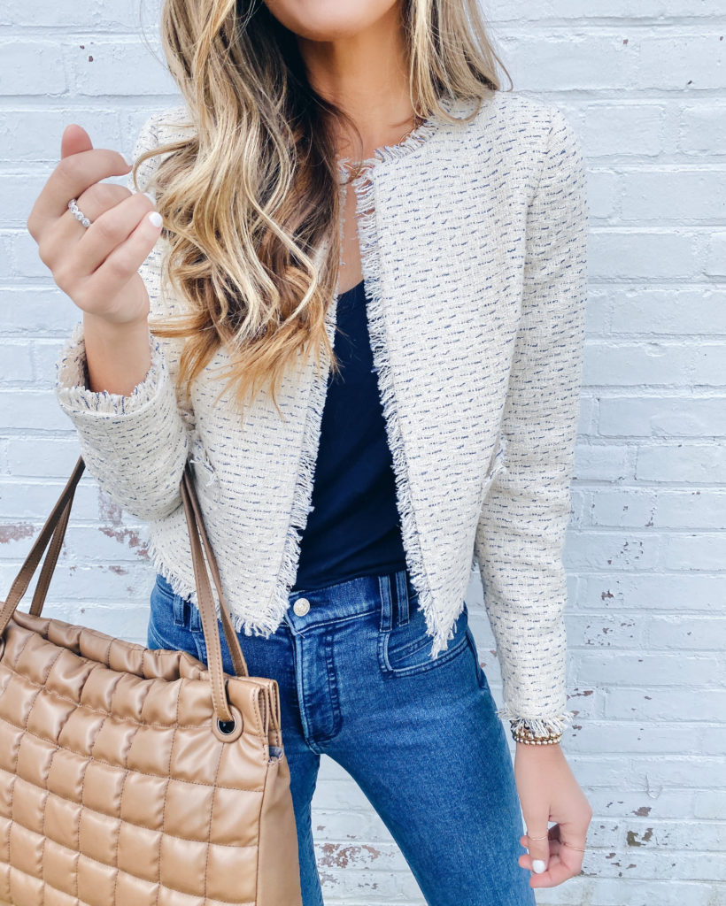 express white open front tweed boucle blazer with ankle jeans and mules fall outfit