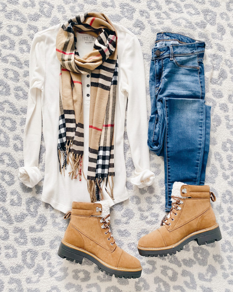 simple casual fall outfit henley jeans and shearling hiker boots