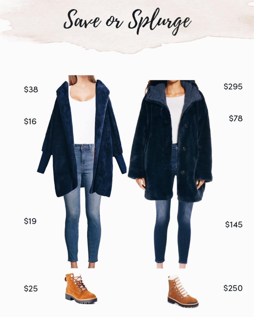 save or splurge navy fuzzy coat