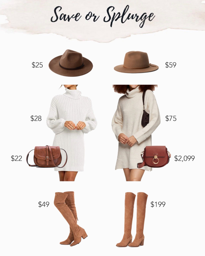 save or splurge amazon white sweater dress with over the knee boots