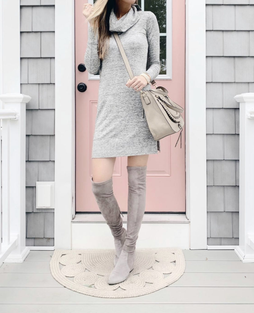 gray sweater dress with over the knee boots and taupe bag fall and winter outfit