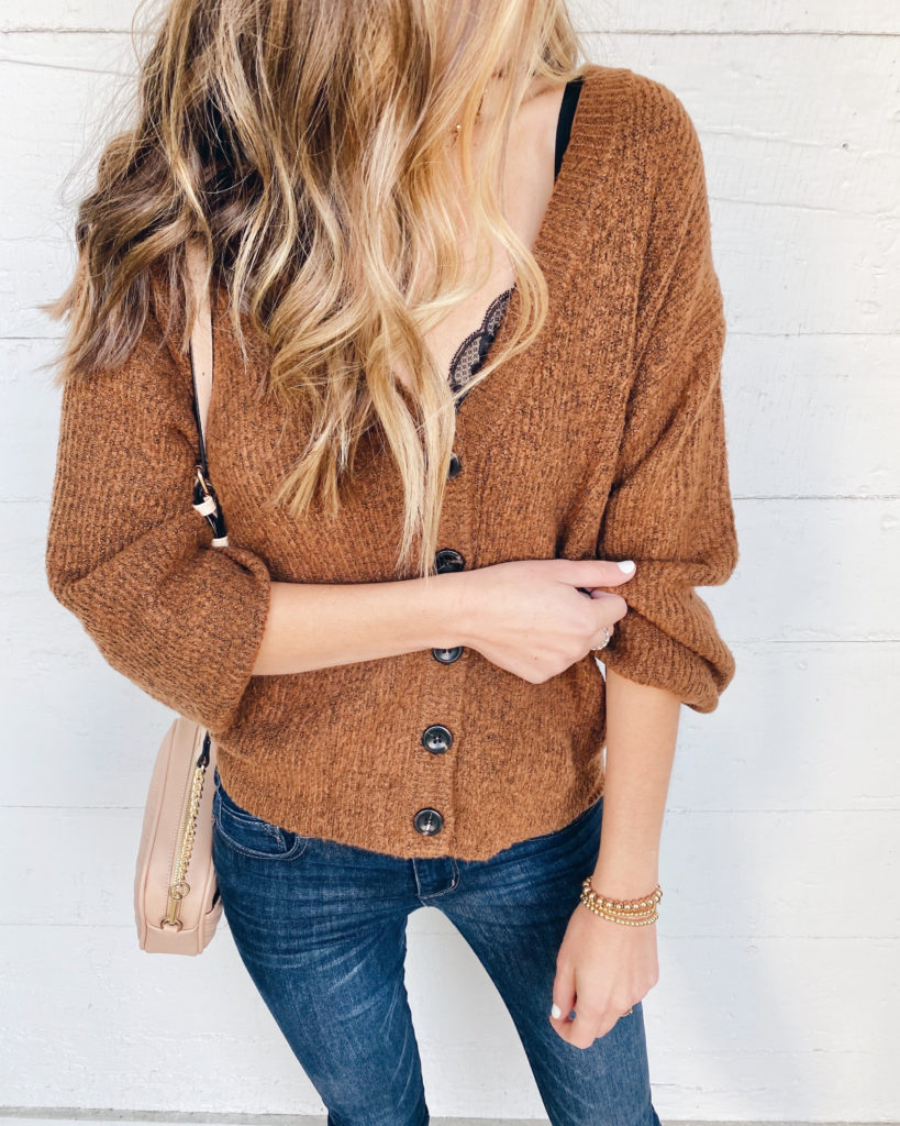 cropped brown button front cardigan outfit ideas