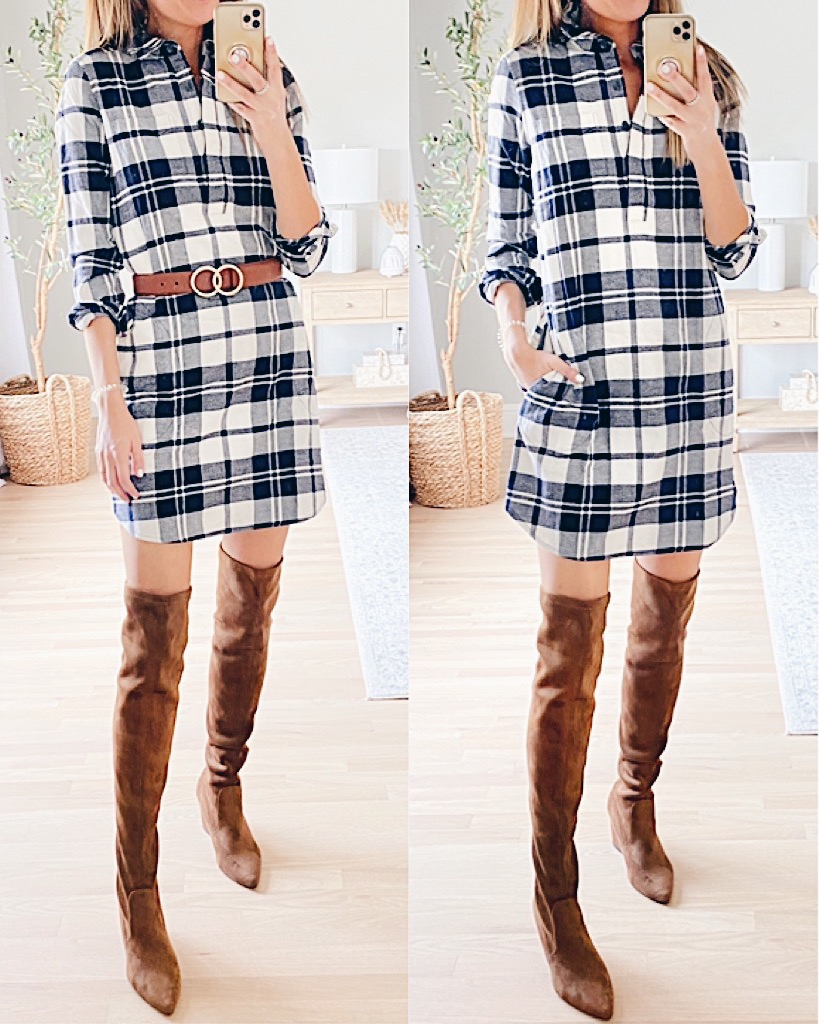 amazon plaid shirt dress with brown over the knee boots outfit