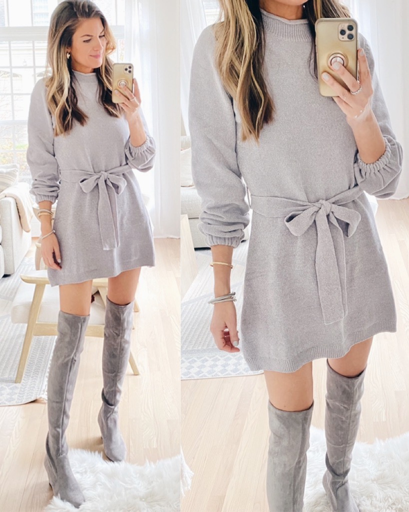 amazon long sleeve tie waist sweater dress with gray over the knee boots outfit
