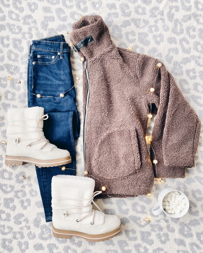 cute walmart fashion finds - brown collared sherpa jacket and white shearling laceup boots