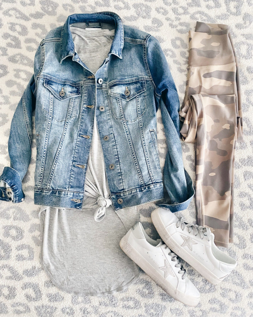 cute casual outfit with amazon denim jacket and alo vapor camo leggings
