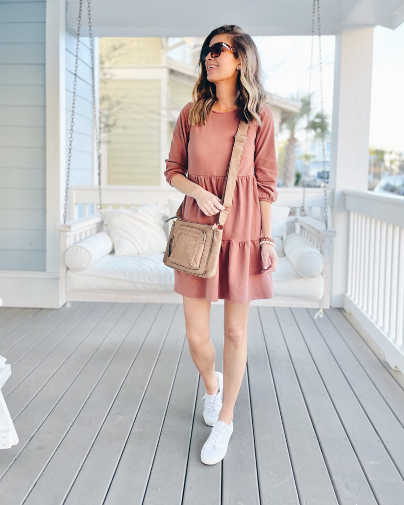long sleeve babydoll mini dress with white sneakers outfit