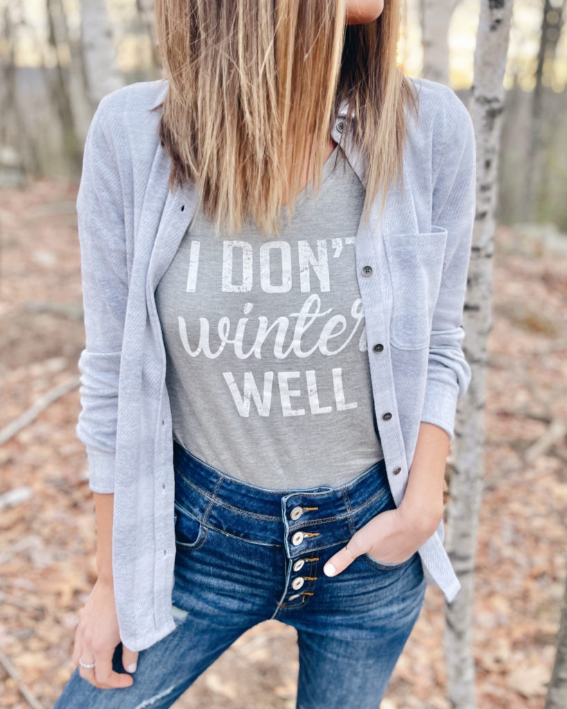 womens graphic tee with grey flannel outfit
