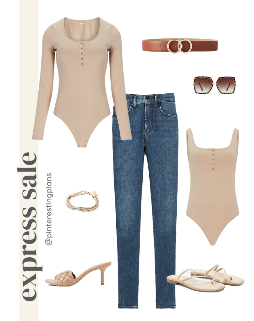 beige button front bodysuit outfit with jeans