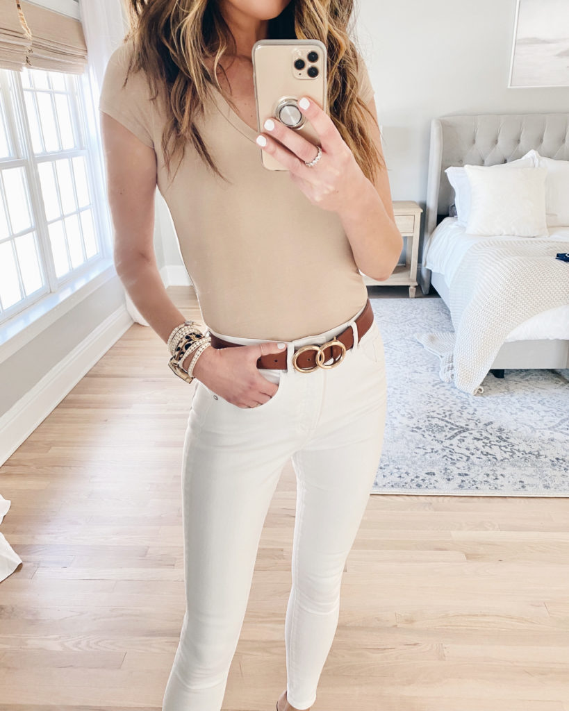 cute neutral spring casual outfit with beige tee and white jeans