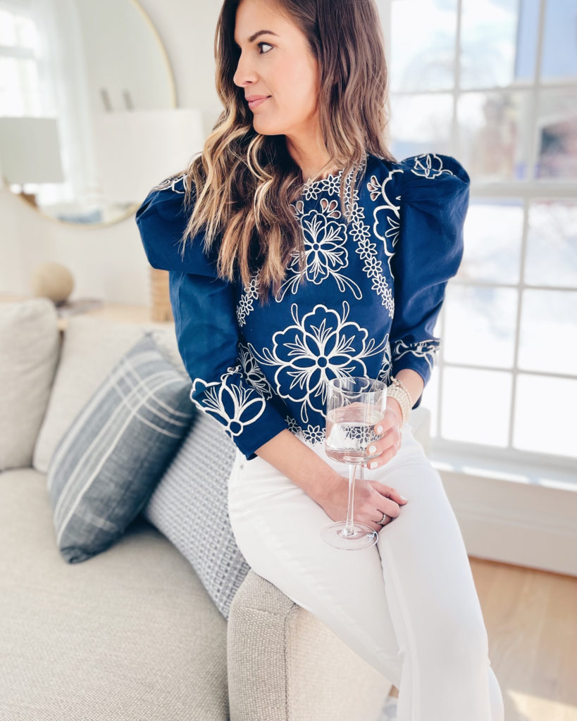 express navy blue embroidered puff sleeve top