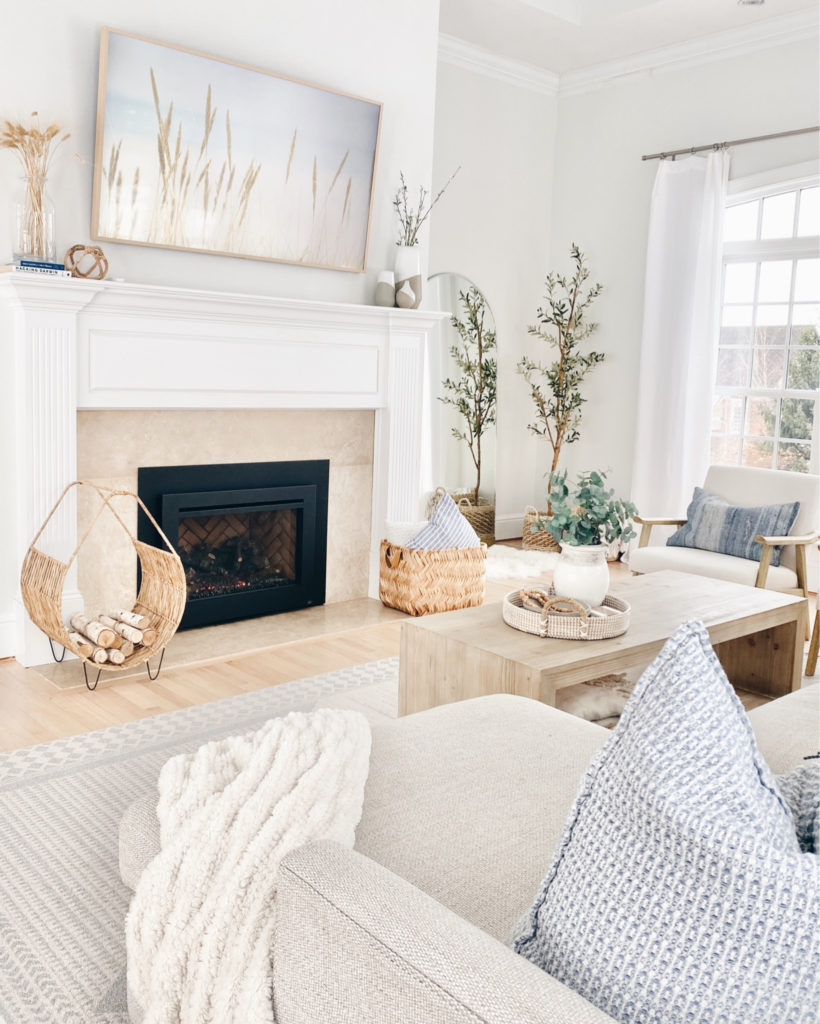 modern coastal living room with samsung 65" frame tv 