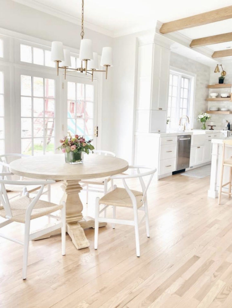 modern traditional white and wood kitchen dining area