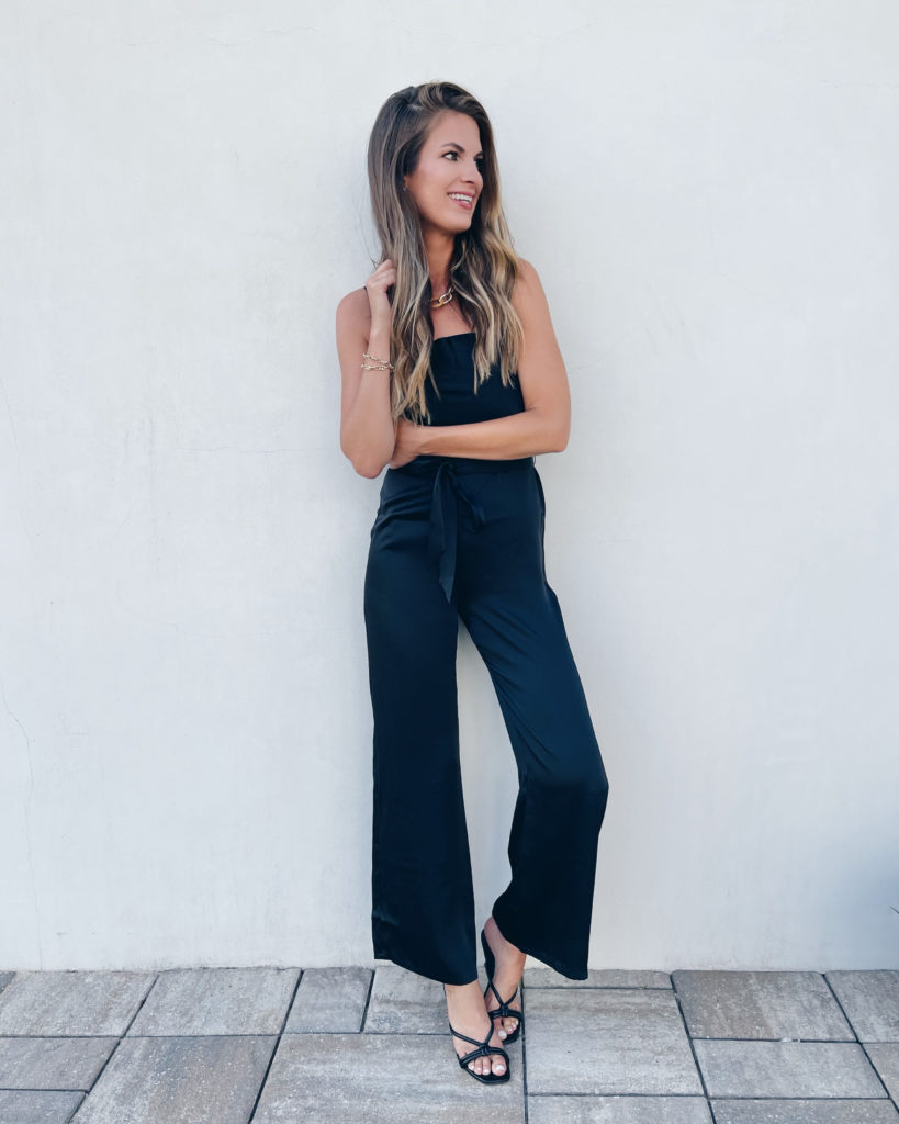 early fall wedding guest jumpsuit outfit