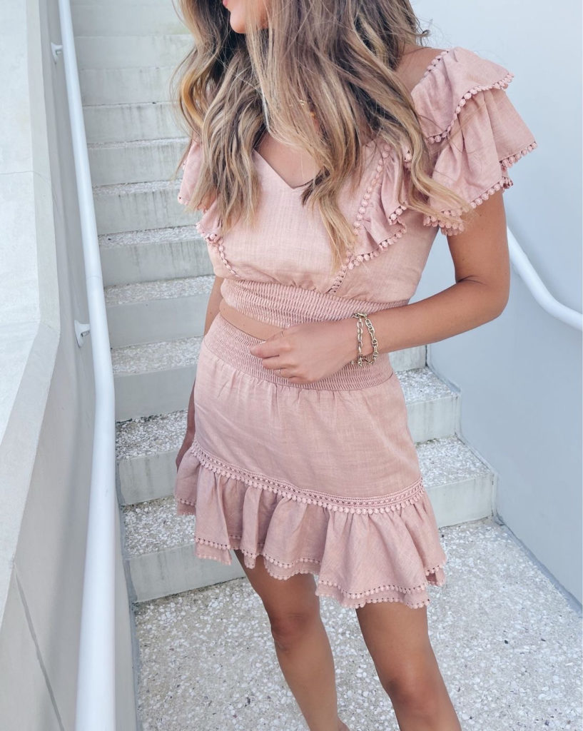 pink ruffle top and smocked skirt matching set outfit for wedding
