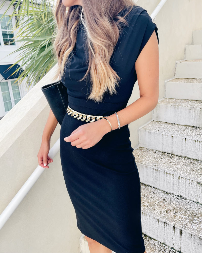 black midi dress with chain belt outfit 2021