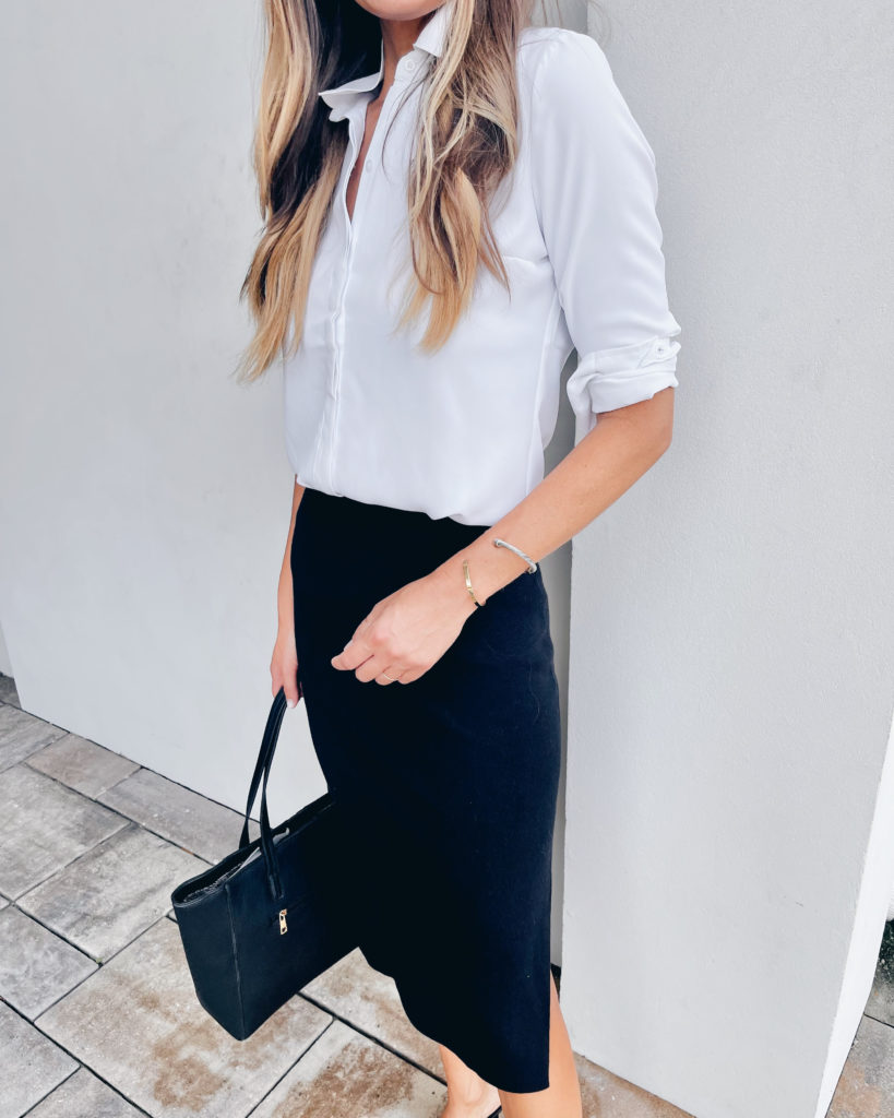 express white portofino button down shirt with black midi pencil skirt outfit