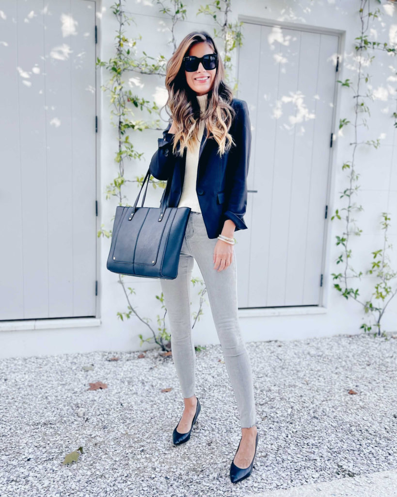 cute outfit idea for black blazer with jeans