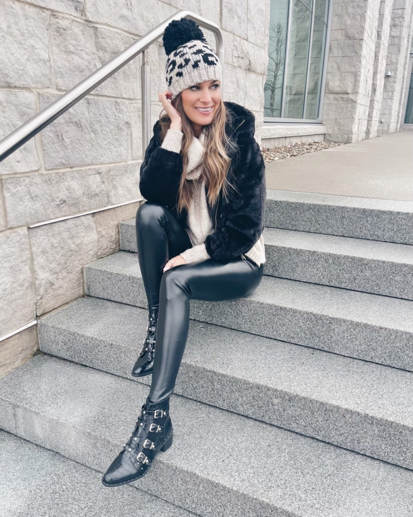 leather leggings date night outfit with moto booties