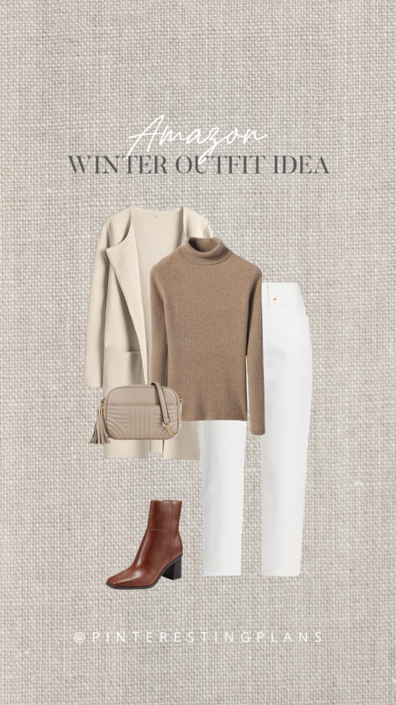 neutral turtleneck sweater with white straight leg jeans winter outfit
