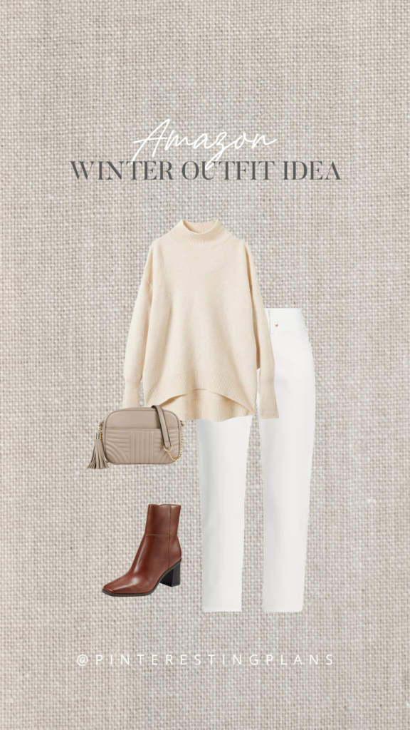 cream mock neck tunic sweater outfit with white straight leg jeans for winter 2023