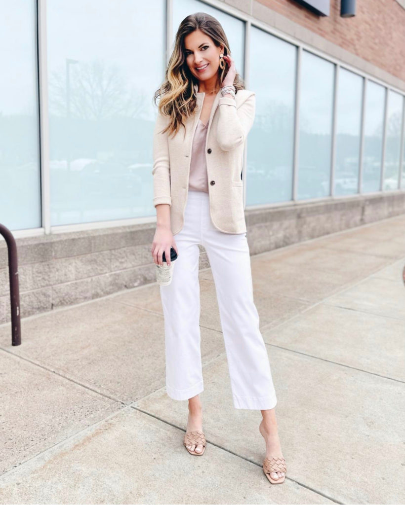 business casual outfit with white wide leg cropped pants