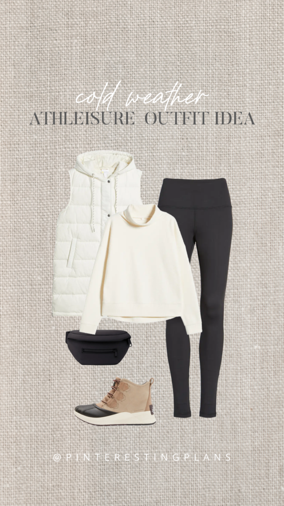 long cream vest outfit idea with black leggings and waterproof sorel boots