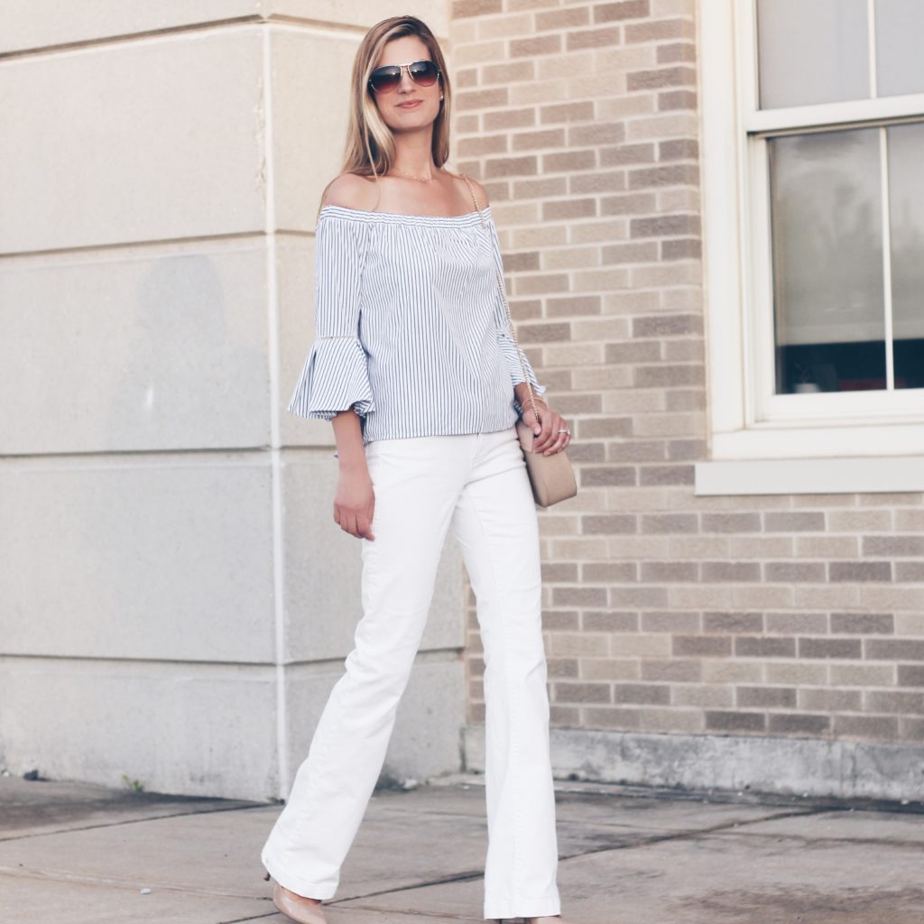 Striped Off The Shoulder Tops at a Steal (and Wide Leg White Jeans for the Win!)