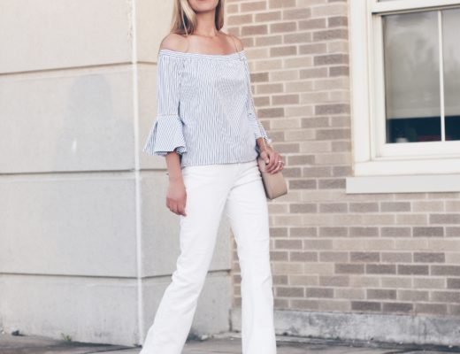 striped off the shoulder top with bell sleeves paired with white wide leg denim