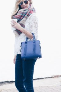 fall blanket scarf and denim outfit