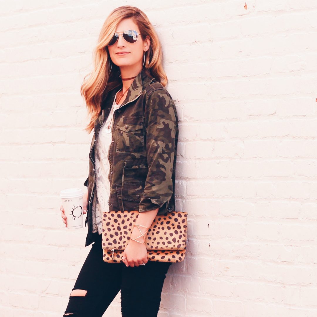 fall outfit - camo jacket with leopard clutch