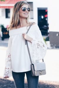 white bell sleeve off the shoulder top