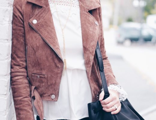 blank nyc brown moto jacket with white crochet top and flare denim