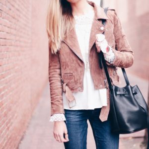 blank nyc brown suede moto jacket and black leather bucket bag