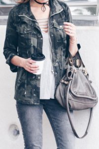 fall casual outfit: camo jacket and gray denim