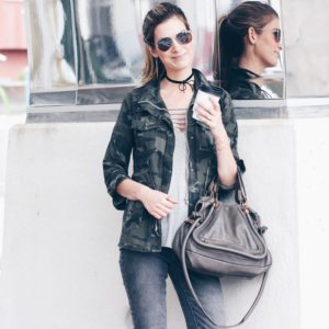 fall casual outfit: camo jacket and grey open toe booties