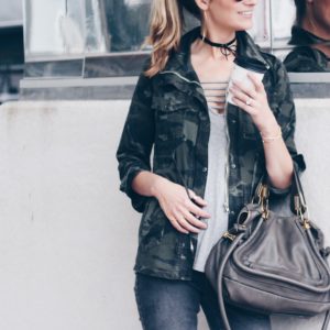 fall casual outfit for school: camo jacket and gray chloe satchel