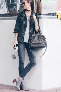 fall casual outfit for school: camo jacket, open toe booties, gray sculpting jeans