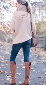 blush lace up sweater with denim leggings and suede sole society knee high boots