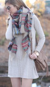 cable knit sweater dress with blanket scarf