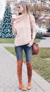 fall outfit: pink cable knit off the shoulder sweater with skinny jeans and over the knee boots