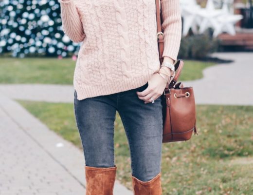 fall outfit: pink cable knit off the shoulder sweater with skinny jeans and over the knee boots