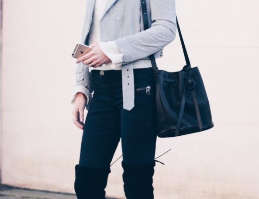 gray suede moto jacket over free people bell sleeve sweater with black over the knee boots