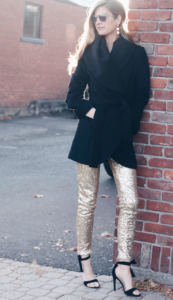 holiday party outfit - gold sequin leggings and black cami