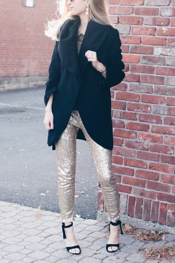 holiday party outfit - gold sequin leggings with black cami and black wool wrap coat